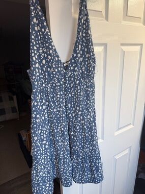 Blue and White Printed V-Neck Mini Dress